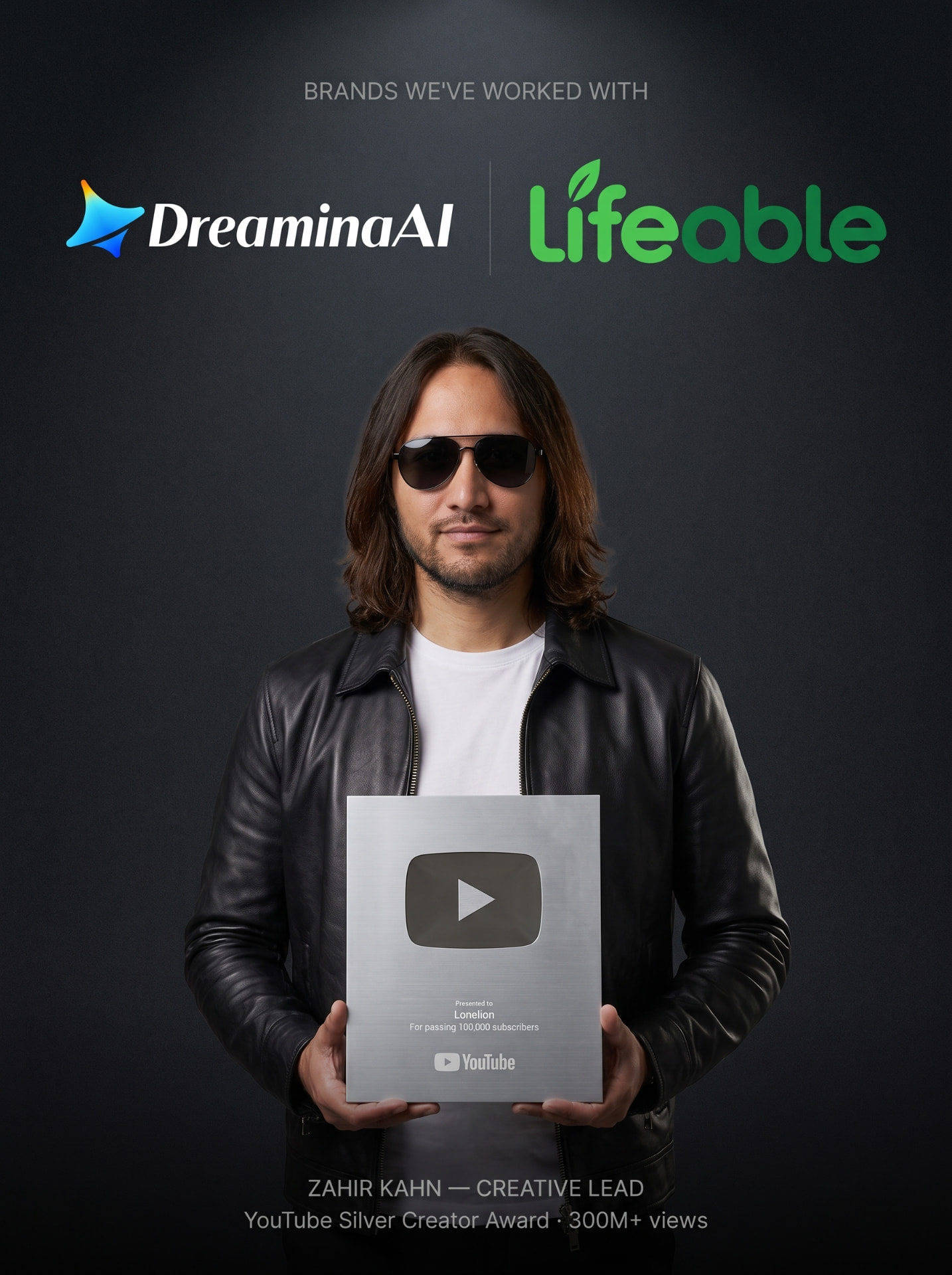 Zahir Kahn, LoneLion Studios creative lead, holding the YouTube Silver Creator Award, with Dreamina AI and Lifeable logos.